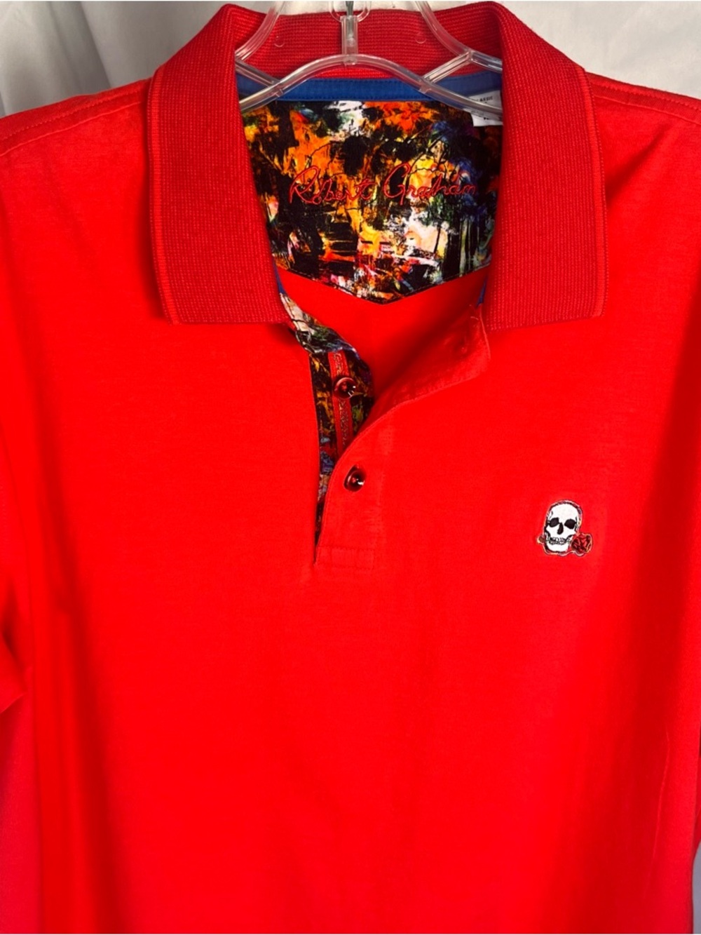 Robert Graham Classic Fit The Player Polo Shirt Red with Skull/Rose Embroidery M